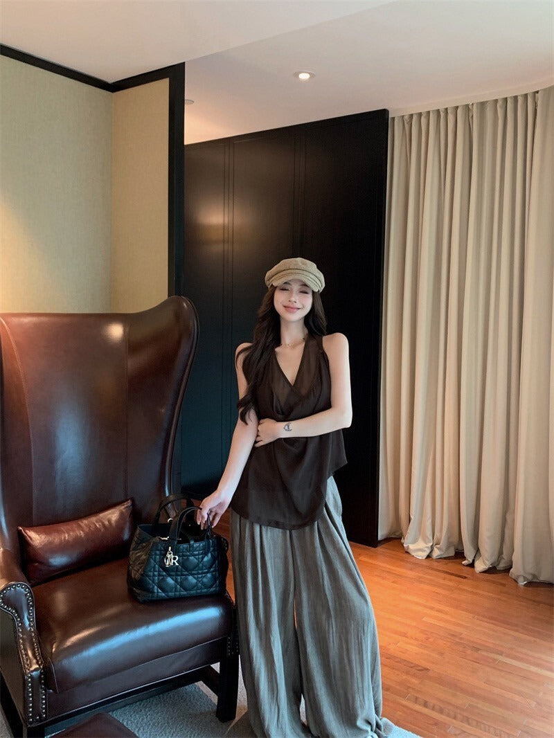 25Oct. 愛上老錢 咖色雙交錯透紗背心/壓褶山本褲