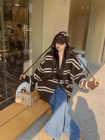25Oct. 慵懶空氣羊毛條紋針織連帽外套 咖