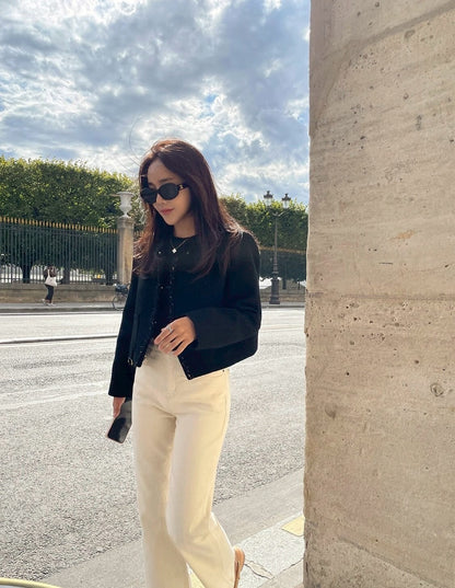 25Sep. 精緻香女孩 粗呢羊毛修身短外套 黑