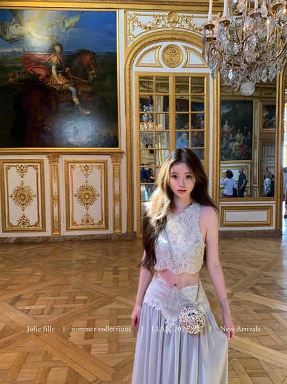 25Oct. 羅浮宮博物 夢幻甜美雕花背心半身裙套裝 梔子色/水藍