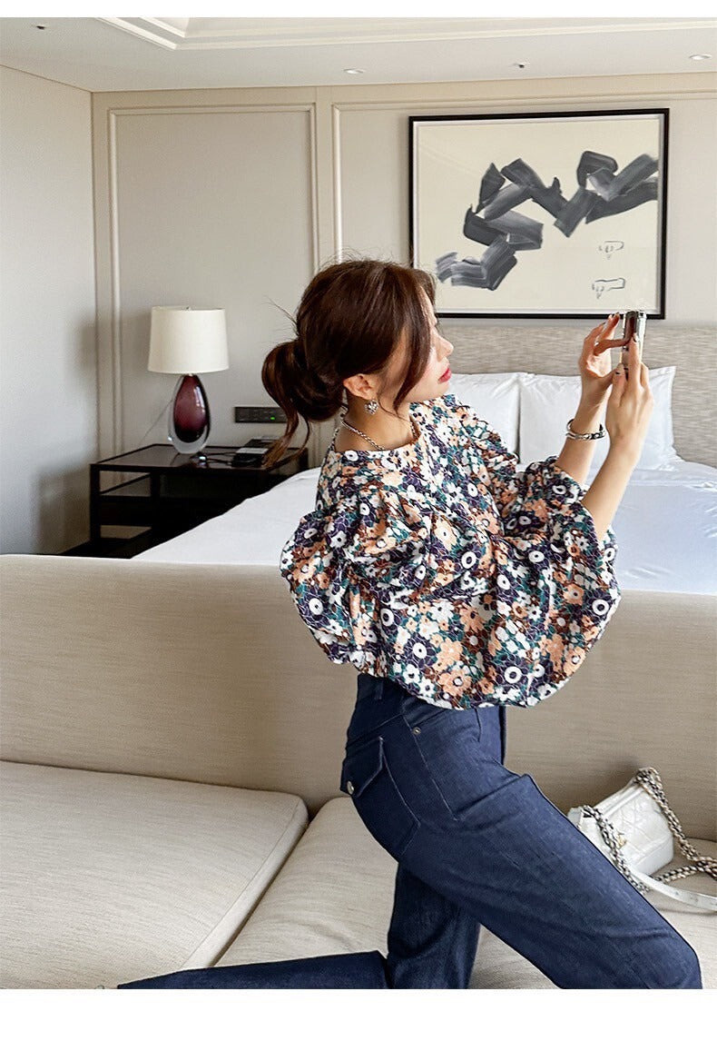 25Sep. 夢迴碎花 堆堆袖收腰長袖上衣 粉/菊藍