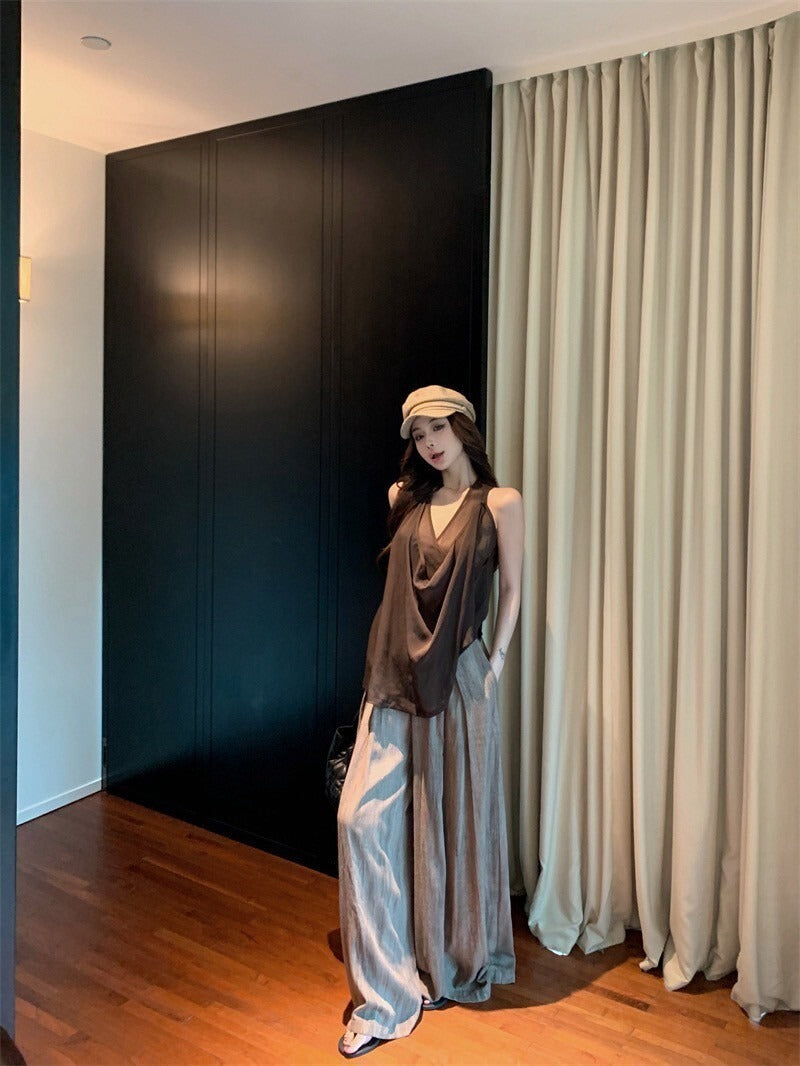 25Oct. 愛上老錢 咖色雙交錯透紗背心/壓褶山本褲