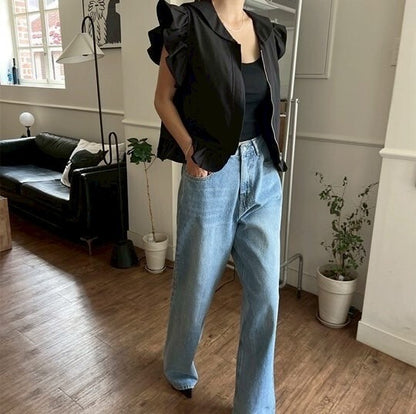 25Sep. 摩登海軍領小飛袖拉鍊馬甲 杏/黑