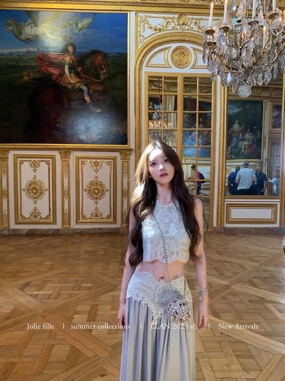 25Oct. 羅浮宮博物 夢幻甜美雕花背心半身裙套裝 梔子色/水藍