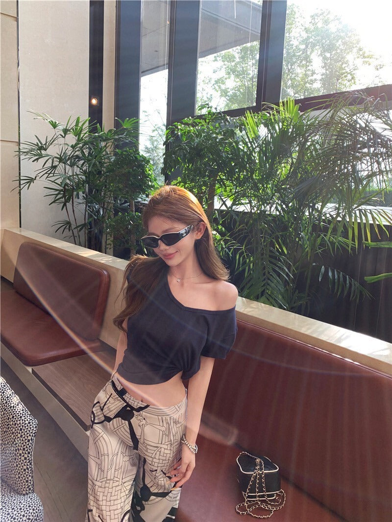 25Sep. 淡人ToF*極簡亞麻棉上衣 藏藍/冰絲緞面老花休閒褲