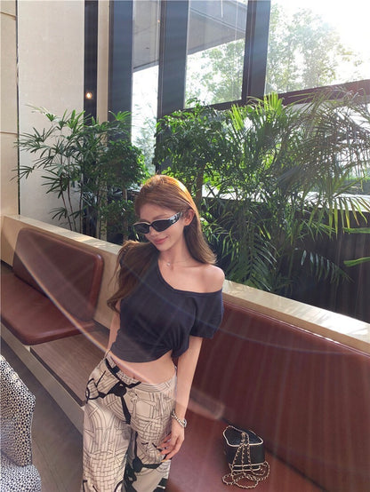 25Sep. 淡人ToF*極簡亞麻棉上衣 藏藍/冰絲緞面老花休閒褲