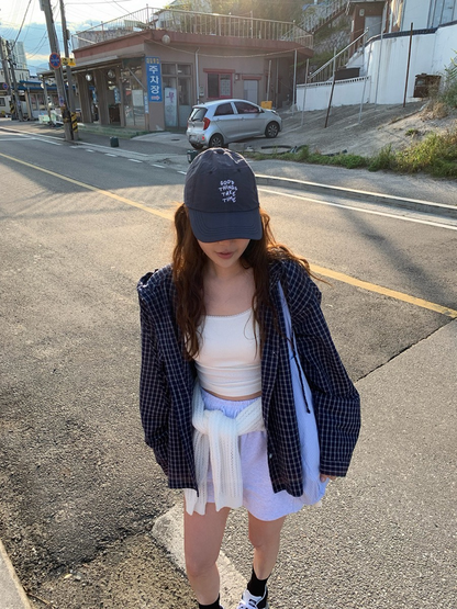 25Oct. 復古韓妞 撞色格紋連帽襯衫外套 淺藍/深藍