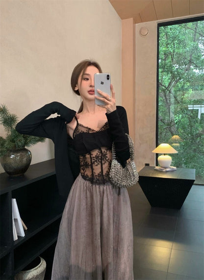 25Oct. 蔓紗沁蕾 拼接透視魚骨背心 防曬開衫 卡/黑