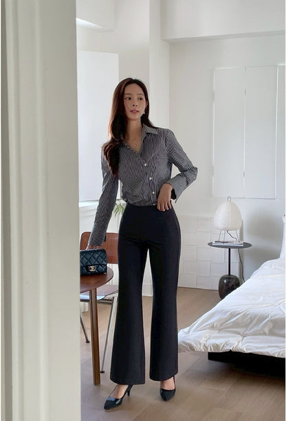 25Sep. 韓Chic簡約不規則側扣條紋襯衫 黑