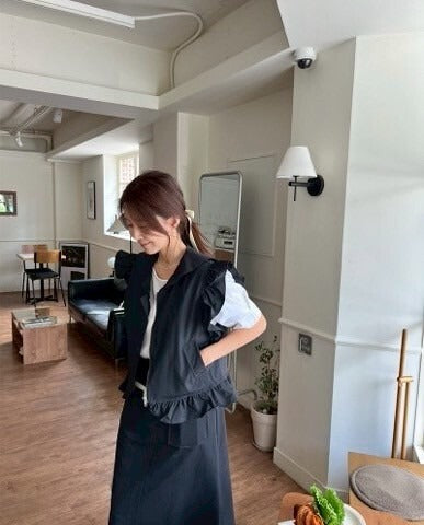 25Sep. 摩登海軍領小飛袖拉鍊馬甲 杏/黑