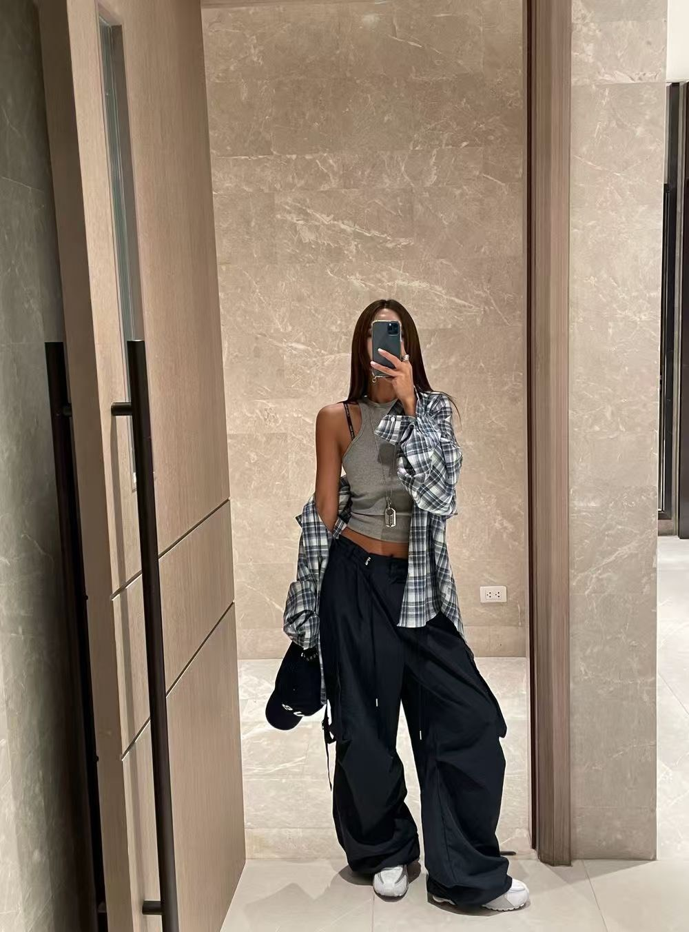 25Oct. 寬鬆休閒通勤格紋襯衫 藍/黑灰