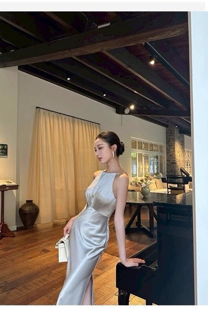 25Oct. 生日禮服裙 氣質緞面收腰剪裁連身裙 高雅灰