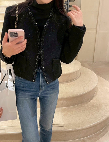 25Sep. 精緻香女孩 粗呢羊毛修身短外套 黑