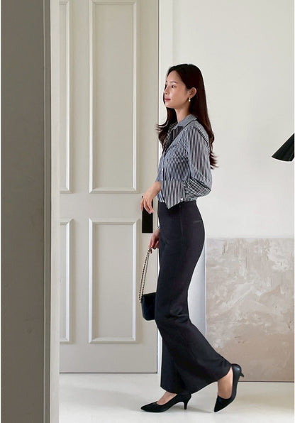 25Sep. 韓Chic簡約不規則側扣條紋襯衫 黑