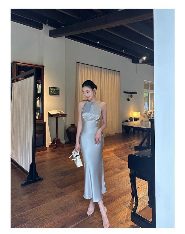 25Oct. 生日禮服裙 氣質緞面收腰剪裁連身裙 高雅灰