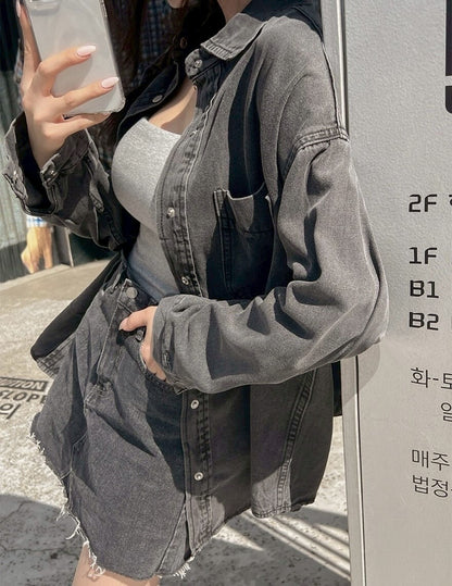 25Sep. 寬鬆休閒白搭男友牛仔襯衫 黑灰