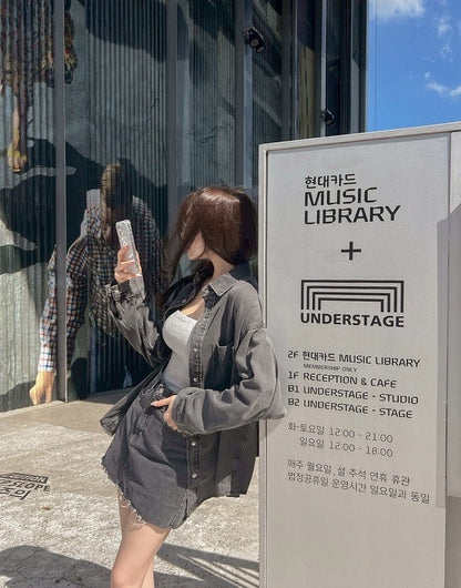 25Sep. 寬鬆休閒白搭男友牛仔襯衫 黑灰