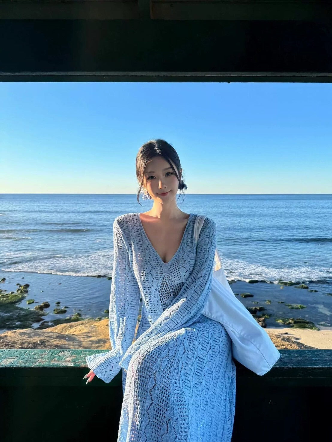 25Oct. 海邊度假 歐美出片高級藍針織縷空裙