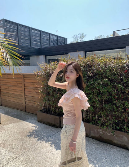 25Oct. 蕾絲布朗 嗲系女友蕾絲荷葉單肩上衣 粉
