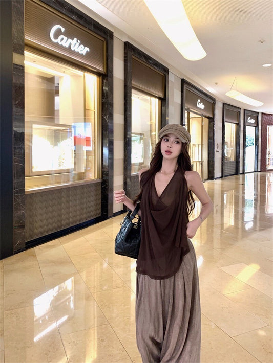 25Oct. 愛上老錢 咖色雙交錯透紗背心/壓褶山本褲