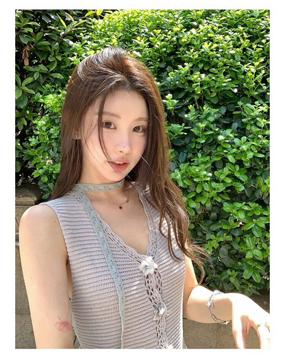 25Oct. 回頭率密碼韓系薄款針織飄帶背心 灰