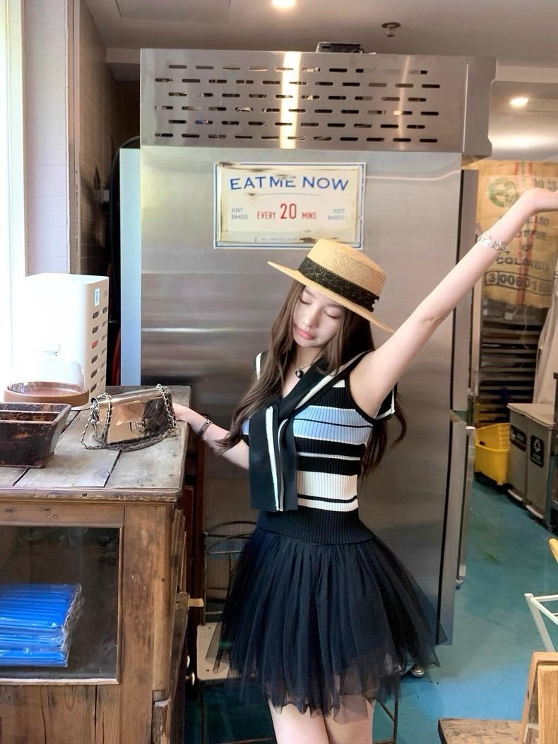 25Oct. 精緻山茶花刺繡 芭尹水手藍色條紋針織上衣