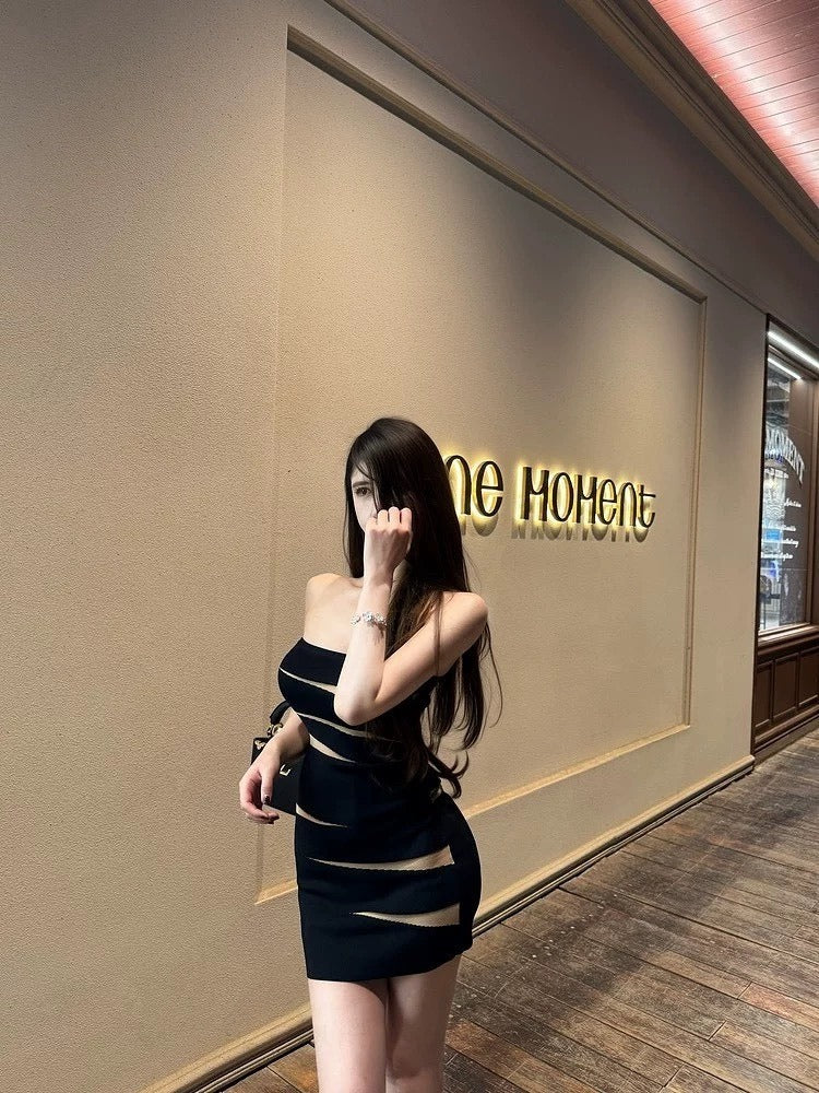 25Oct. 無拘束 性感抹胸不規則拼色針織連身裙