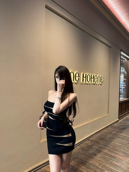 25Oct. 無拘束 性感抹胸不規則拼色針織連身裙