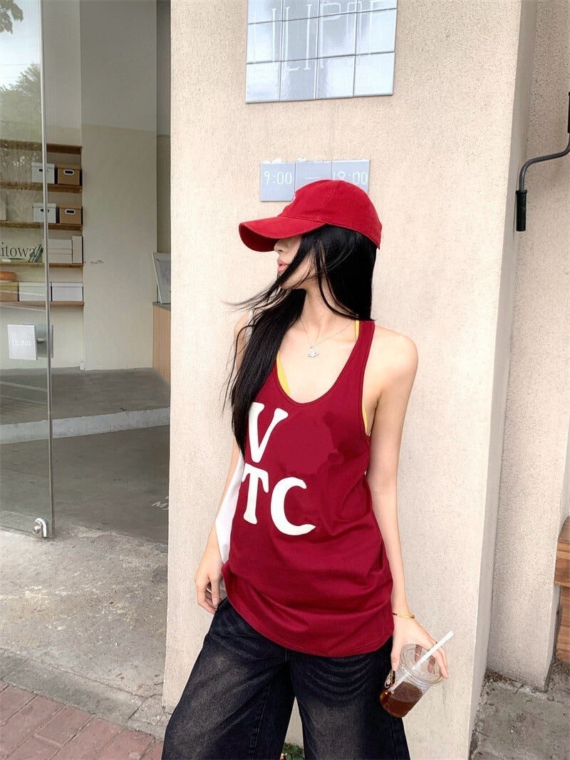 25Oct. 復古寬鬆美式字母印花中長背心