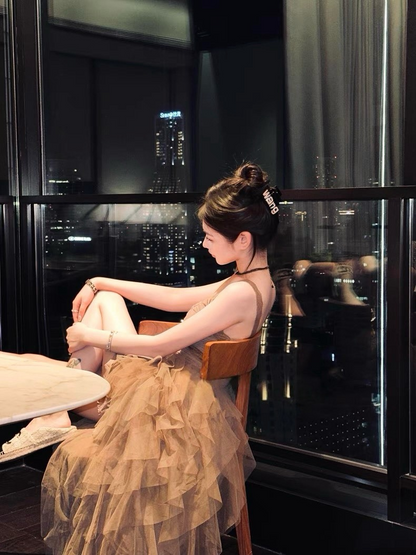 25Oct. 派對尤物 輕奢多層網紗拼接泡泡連身裙 咖