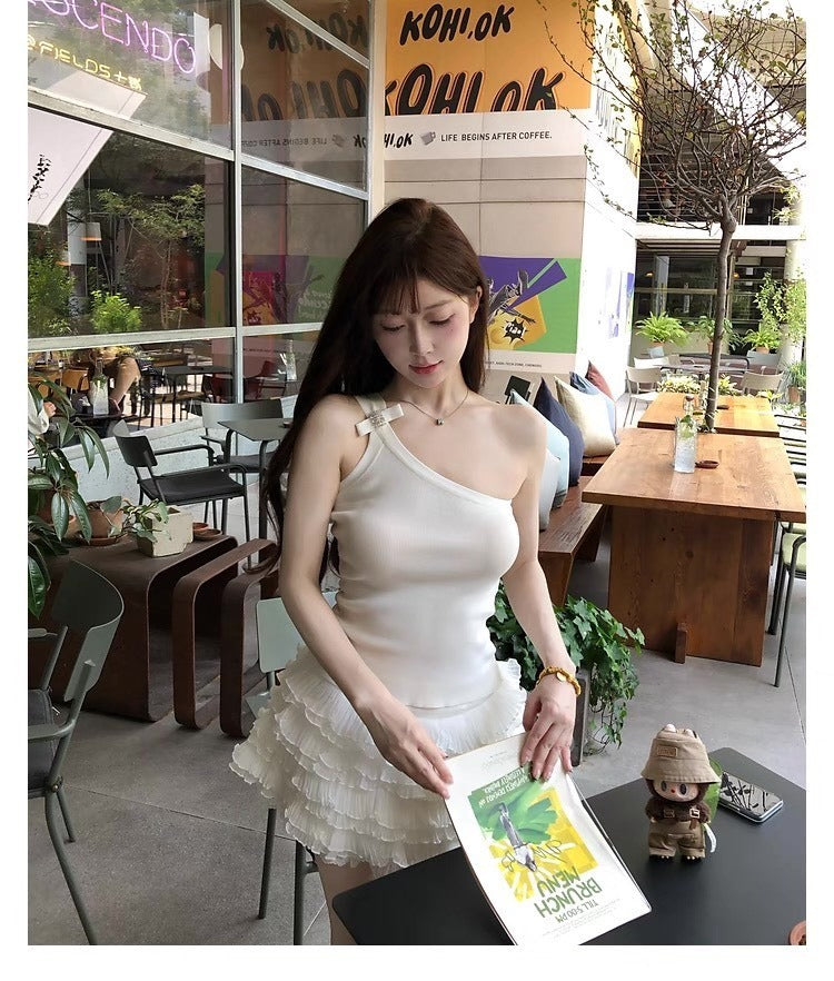 25Oct. 撩係甜心不對稱單肩蝴蝶結針織背心 白