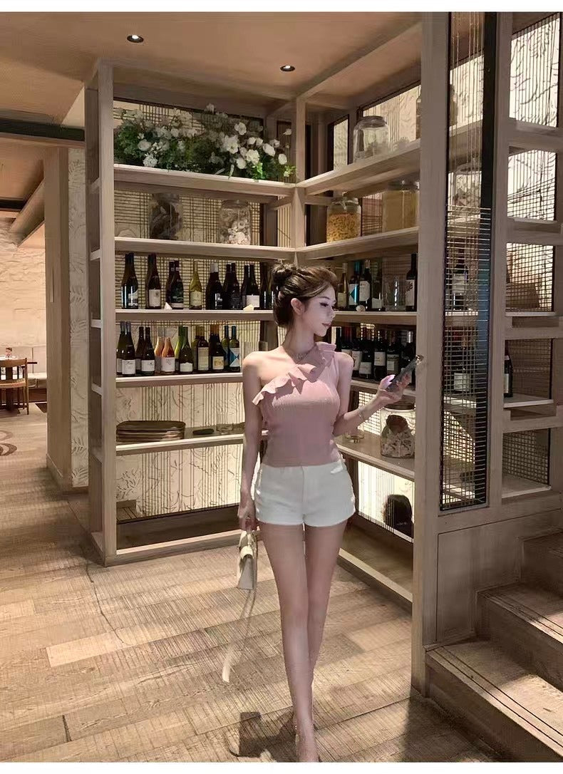 25Oct. 浪漫至上 心動荷葉斜肩針織上衣 粉