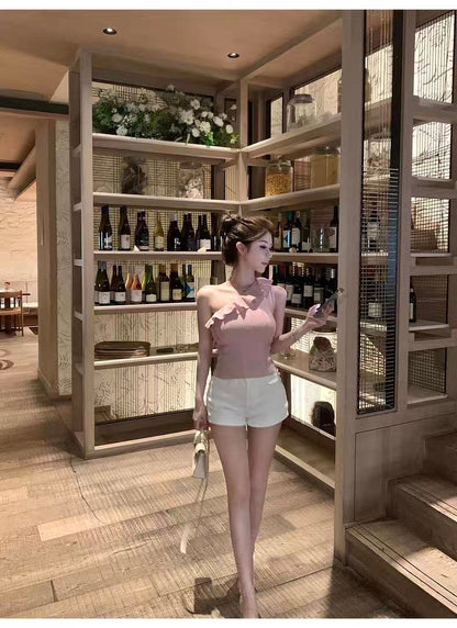 25Oct. 浪漫至上 心動荷葉斜肩針織上衣 粉