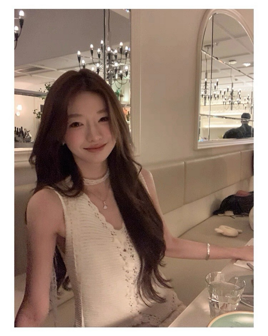 25Oct. 回頭率密碼韓系薄款針織飄帶背心 杏