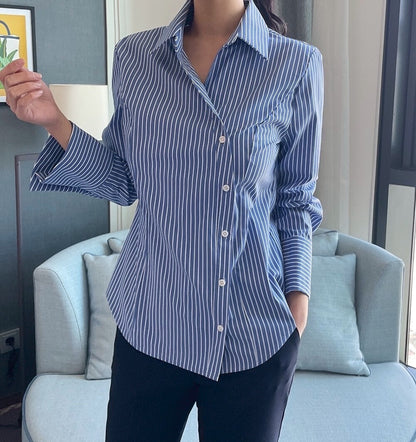 25Sep. 韓Chic簡約不規則側扣條紋襯衫 藍