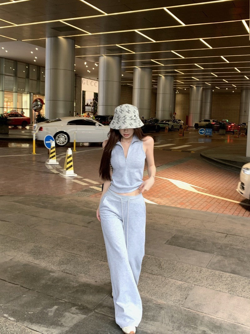 25Oct. 美式日常空氣棉袖襯立領背心/抽繩休閒褲 灰色