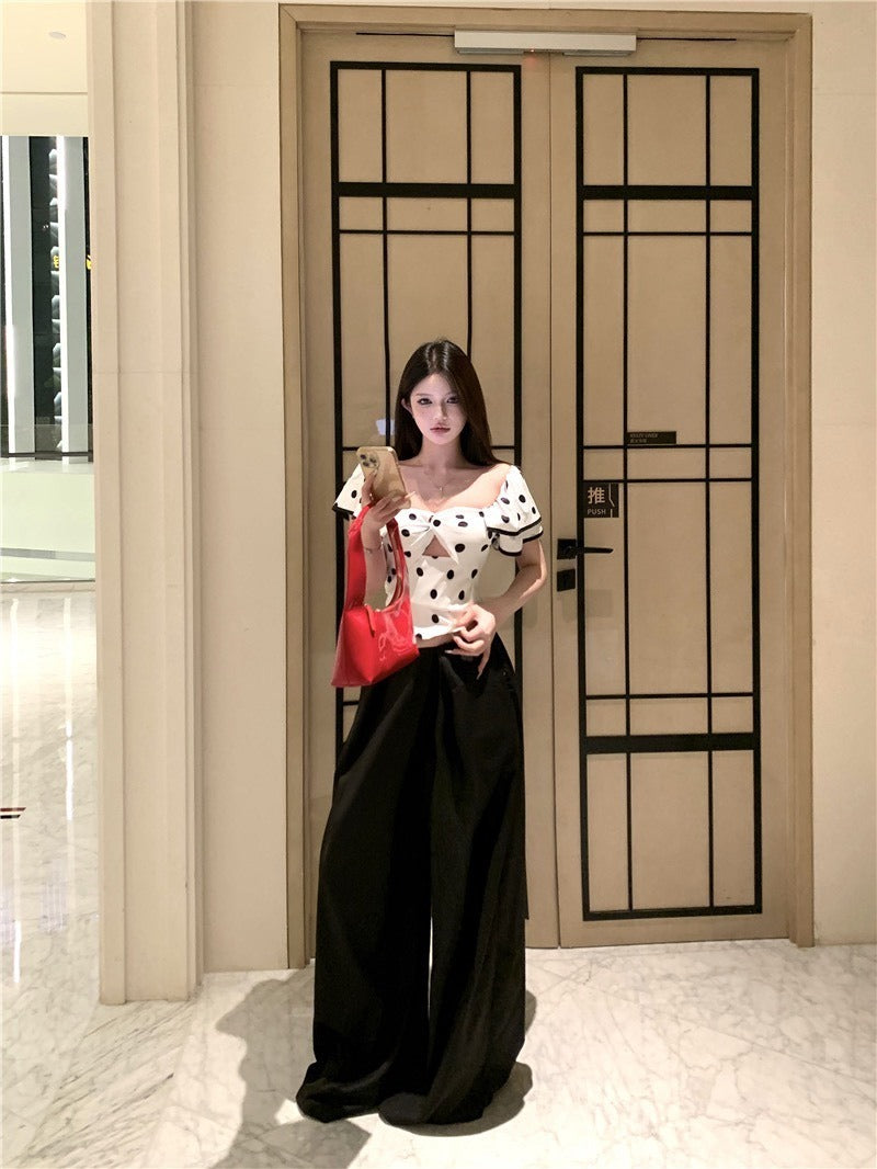 25Oct. 氣質波點多穿可拆抹胸上衣/寬鬆休閒黑色闊腿褲