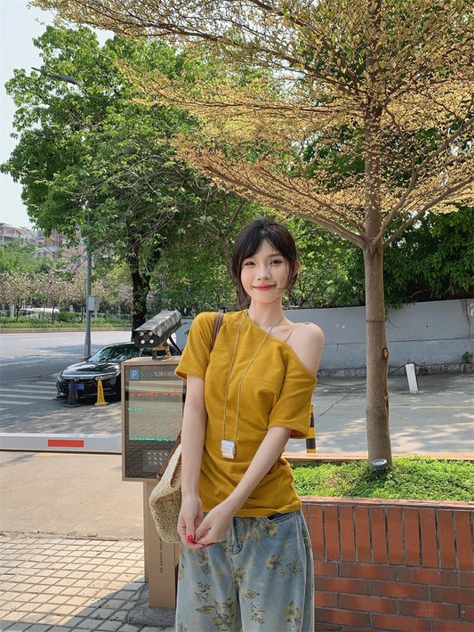 25Oct. 暖糯糯薑黃色斜肩百搭上衣