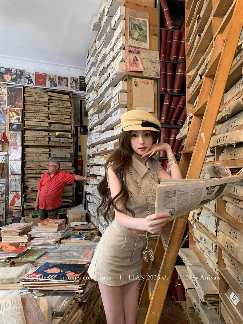 25Oct. 甜心香香VTG 復古蕾絲拼接亞麻套裝 亞麻原色