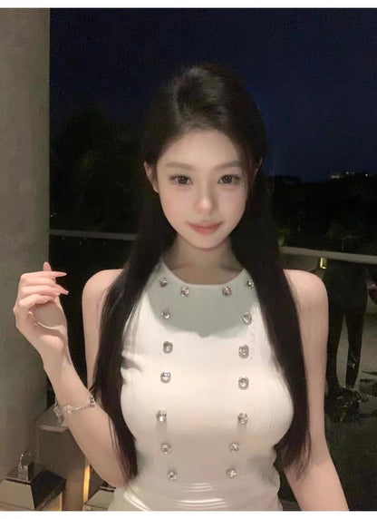 25Oct. 老錢格調 貴氣水鑽圓領針織背心 白