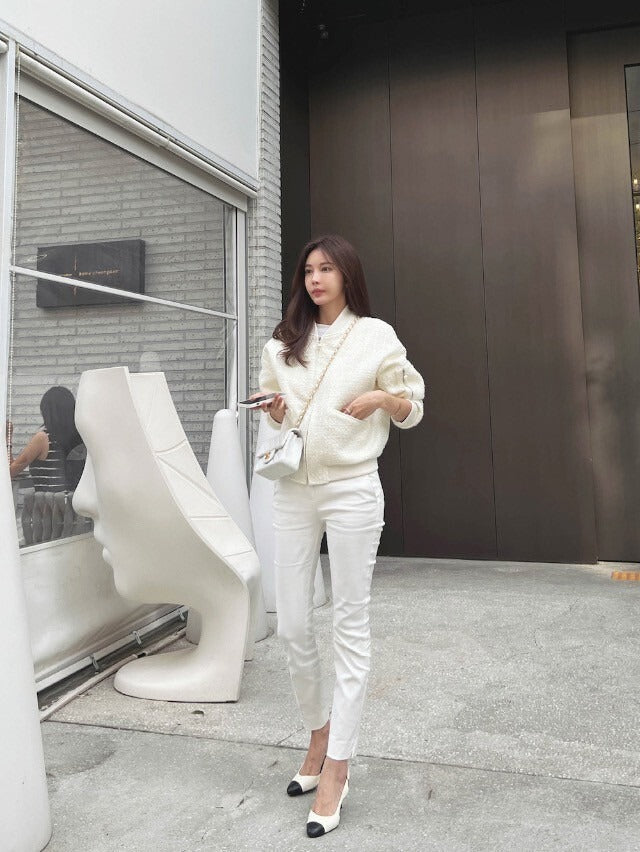 25Sep. 簡約理念百搭短款修身粗呢棒球外套 白