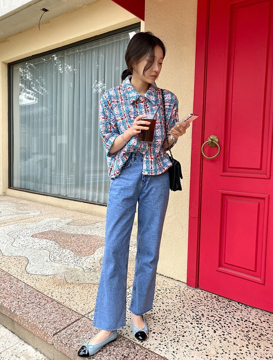 25Sep. 韓國鄉園亮絲奢彩中袖小香外套 藍/綠