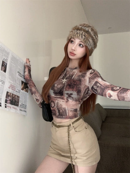 25Oct. 古巴辣妹 復古透紗印花打底上衣/卡其半身裙