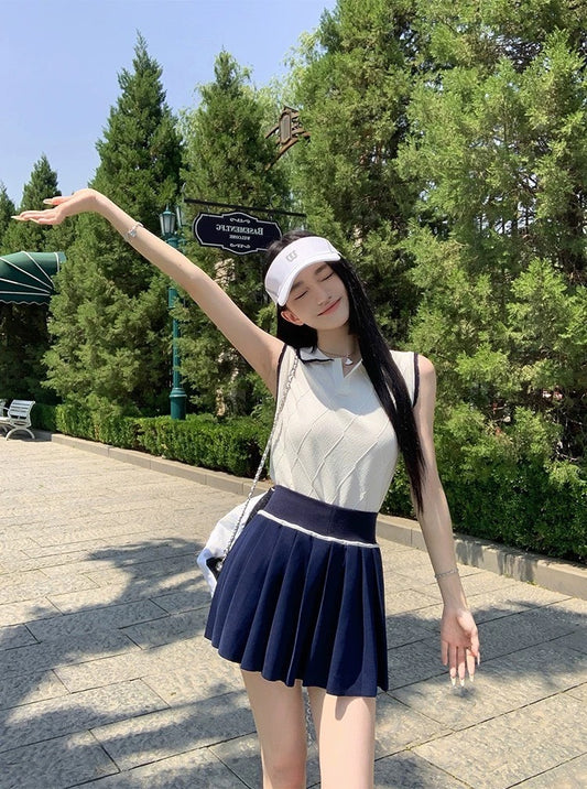 25Oct. 溫婉甜妹 m系藏青撞色針織百摺裙套裝