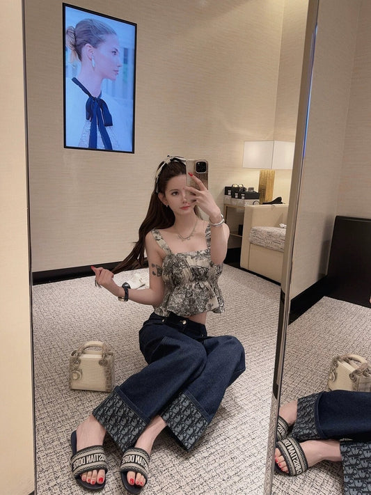 25Oct. 老錢丹寧 翻邊印花高腰闊腿牛仔褲（自留款）