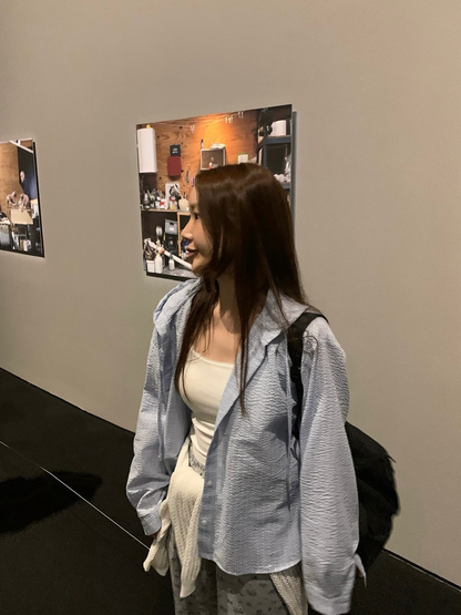 25Oct. 復古韓妞 撞色格紋連帽襯衫外套 淺藍/深藍