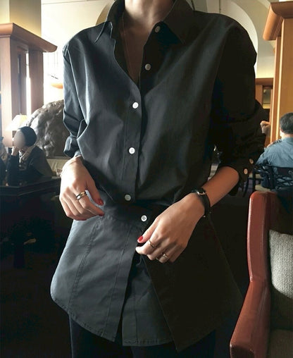 25Sep. 氣質心動 收腰假兩件式中長款襯衫 白/黑