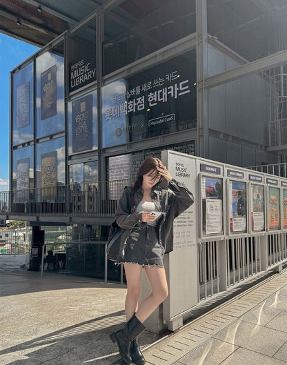 25Sep. 寬鬆休閒白搭男友牛仔襯衫 黑灰