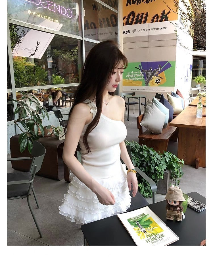 25Oct. 撩係甜心不對稱單肩蝴蝶結針織背心 白