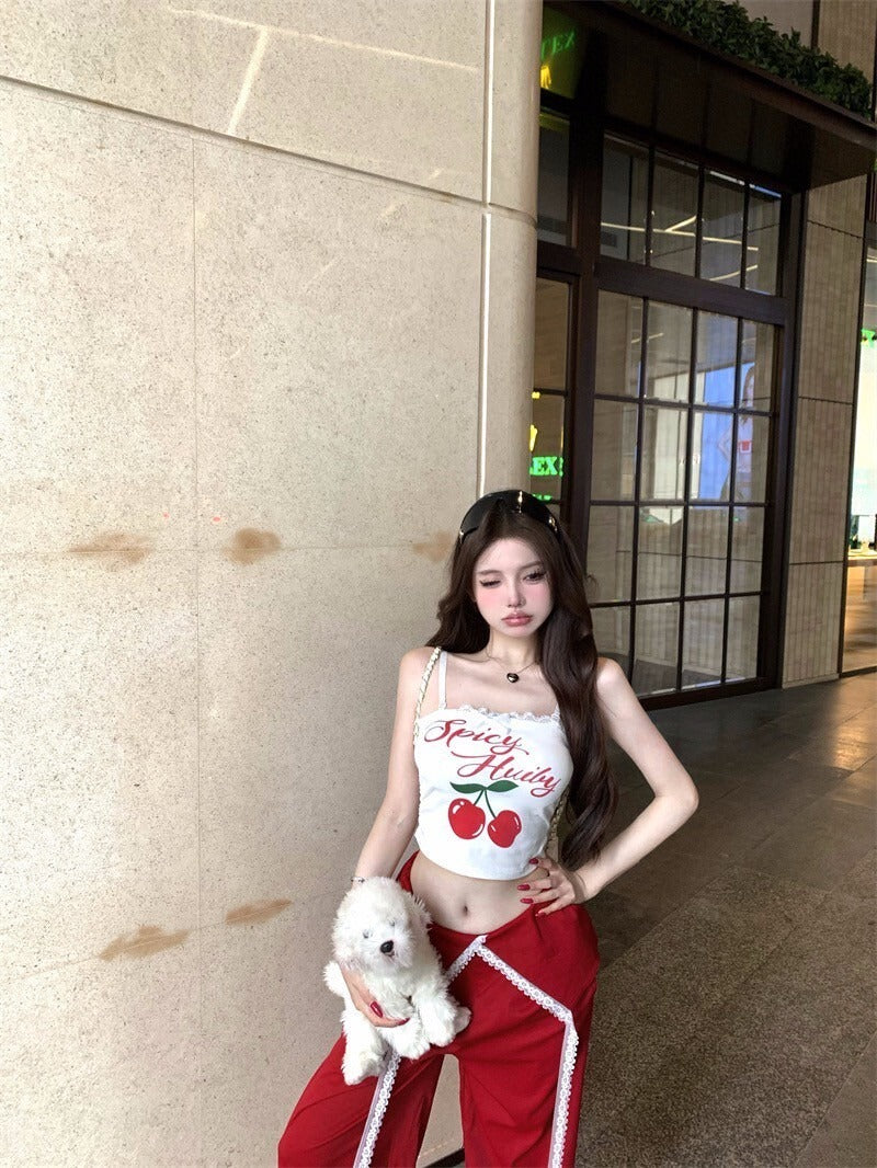 25Oct. Cherry girl美式印花蕾絲背心/紅色炸街休閒褲